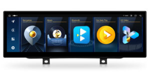 XTRONS Android car stereo main menu showing Navigation, Music, Bluetooth, Car Auto Play, and HD Video icons with song information overlay
