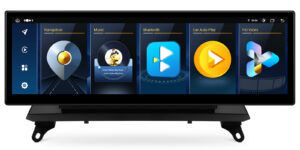 XTRONS Android car stereo main menu showing Navigation, Music, Bluetooth, Car Auto Play, and HD Video icons with song information overlay