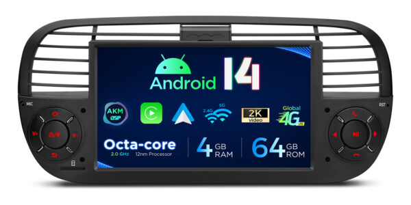 Fiat 500 | Android 14 | Octa Core | 4GB RAM & 64GB ROM | Global 4G LTE Solution | PX7450FBL