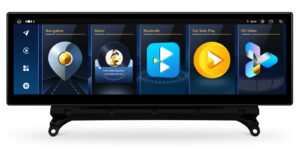 XTRONS Android car stereo main menu showing Navigation, Music, Bluetooth, Car Auto Play, and HD Video icons with song information overlay