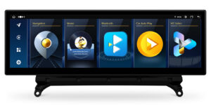 XTRONS Android car stereo main menu showing Navigation, Music, Bluetooth, Car Auto Play, and HD Video icons with song information overlay
