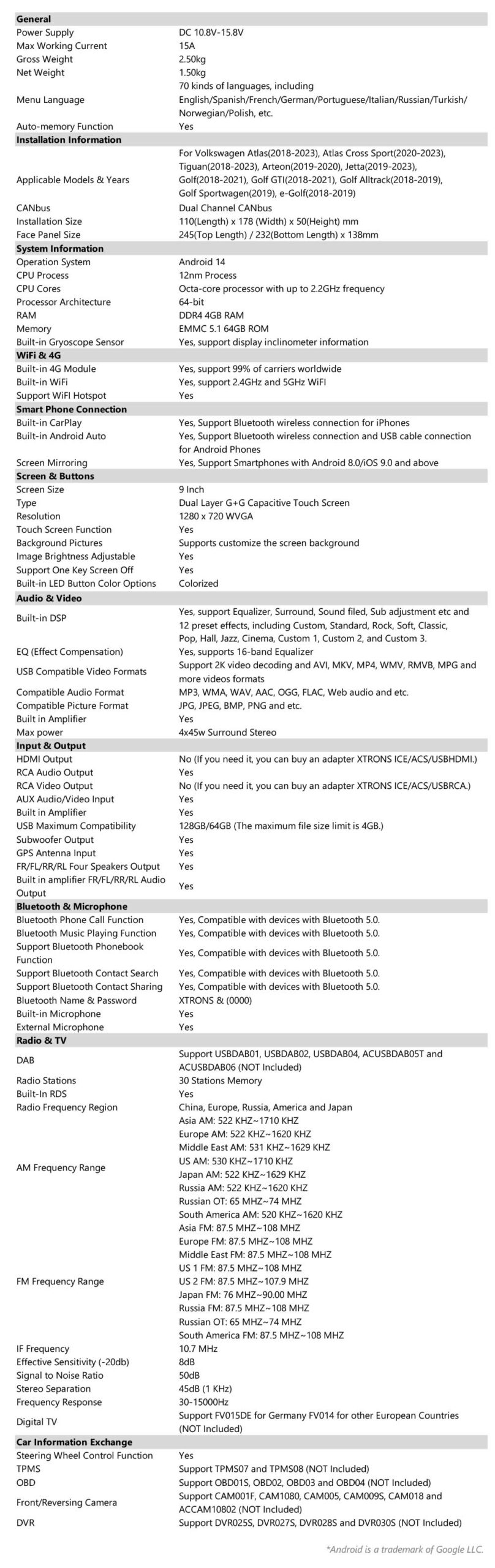 Volkswagen | Android 14 | Octa Core | 4GB RAM & 64GB ROM | Global 4G LTE Solution | PX94MTNVGS