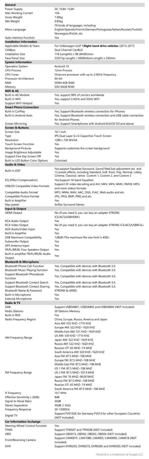 Volkswagen  | Android 14 | Octa Core | 4GB RAM & 64GB ROM | Global 4G LTE Solution | PXP14GFVR
