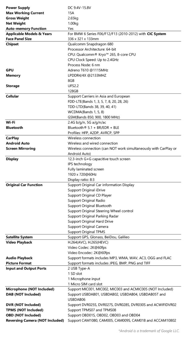 BMW | 6 series | Android OS & OEM System | Qualcomm 680 | Octa Core | 8GB RAM & 128GB ROM | QGB23CISX
