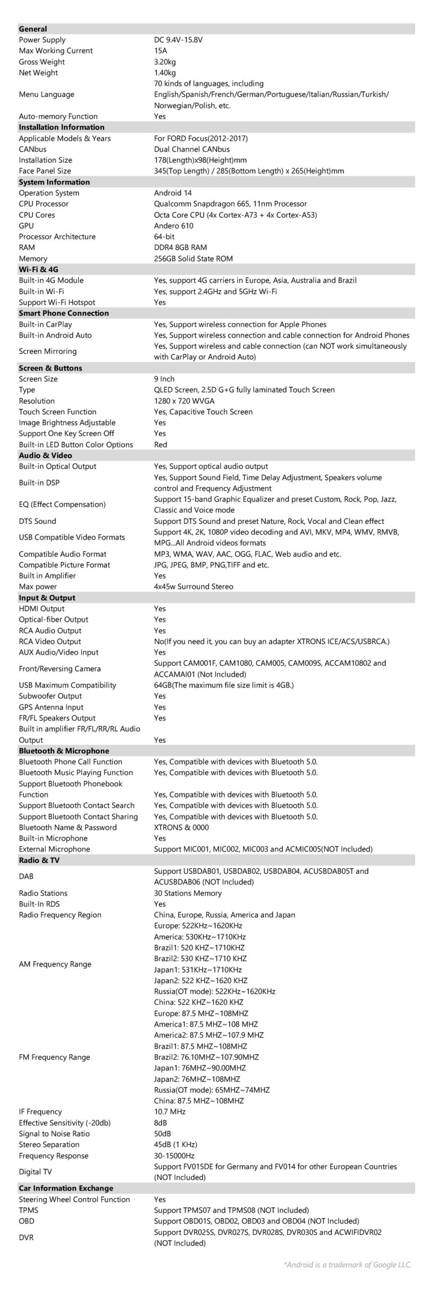 Ford Focus | Qualcomm 665| Android 14 | Octa Core | 8GB RAM &256GB ROM | HDMI Output | IQP94FSFP