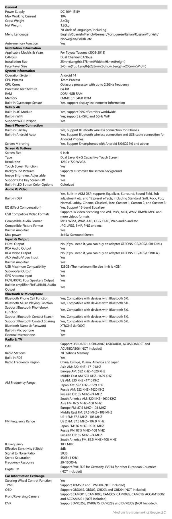 Toyota Tacoma | Android 14 | Octa Core | 4GB RAM & 64GB ROM | Global 4G LTE Solution | PX94TCTLGS