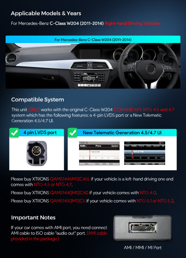 Mercedes-Benz | C-Class | Android OS & OEM system | Octa-core | 4GB RAM & 64GB ROM | Integrated 4G LTE | QAMS1445M12C45R