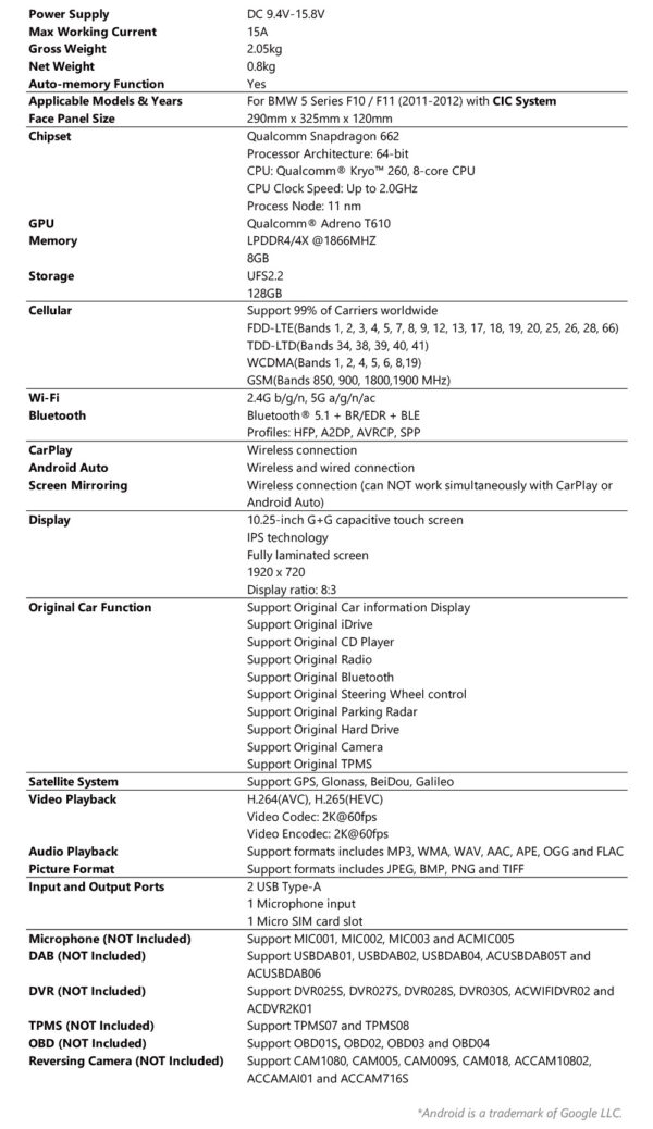 BMW | 5 Series | Android OS & OEM System | Qualcomm 662 | Octa Core | 8GB RAM & 128GB ROM | QBBH14CIB12FV