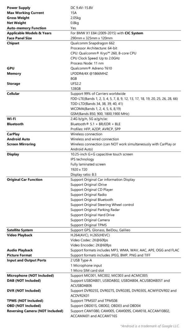 BMW | X1 E84 | Android OS & OEM System | Qualcomm 662 | Octa Core | 8GB RAM & 128GB ROM | QBBH14CIB12X1