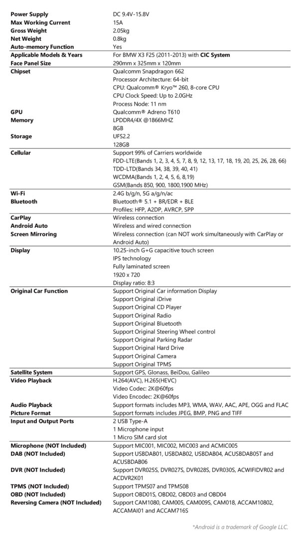 BMW | X3 F25 | Android OS & OEM System | Qualcomm 662 | Octa Core | 8GB RAM & 128GB ROM | QBBH14CIB12X3