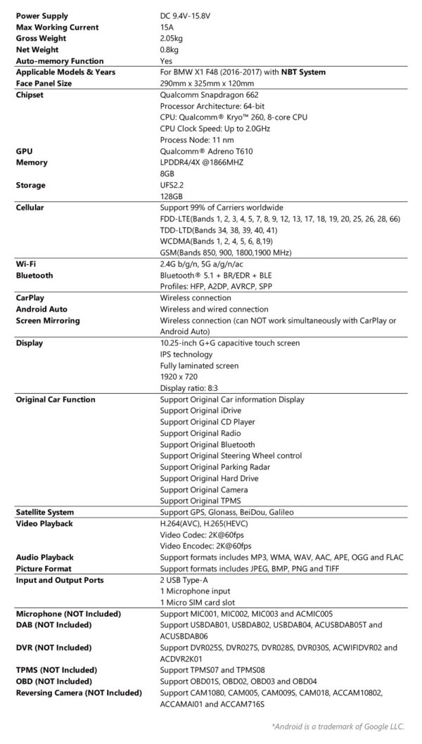 BMW | X1 F48 | Android OS & OEM System | Qualcomm 662 | Octa Core | 8GB RAM & 128GB ROM | QBBH14NB12X1N