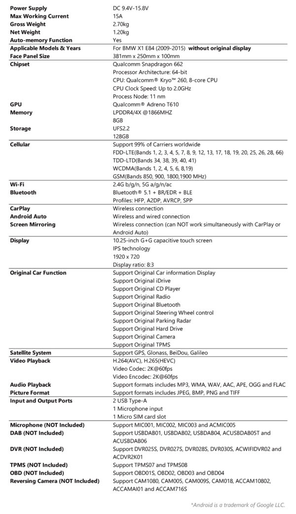BMW | X1 E84 | Android OS & OEM System | Qualcomm 662 | Octa Core | 8GB RAM & 128GB ROM | QBBH14X1UN