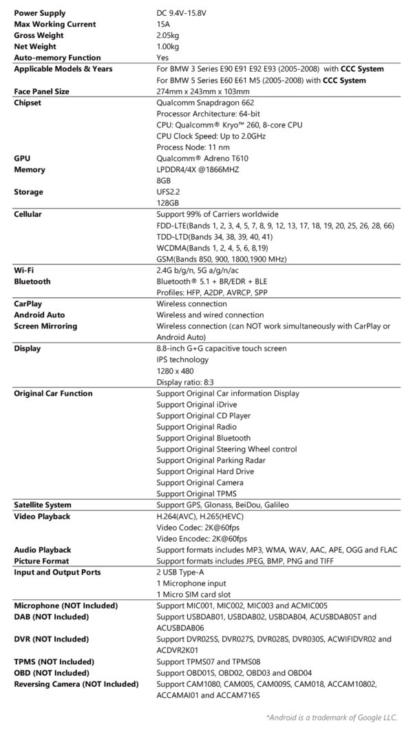 BMW | 3 / 5 Series | Android OS & OEM System | Qualcomm 662 | Octa Core | 8GB RAM & 128GB ROM | QBBH8460CC