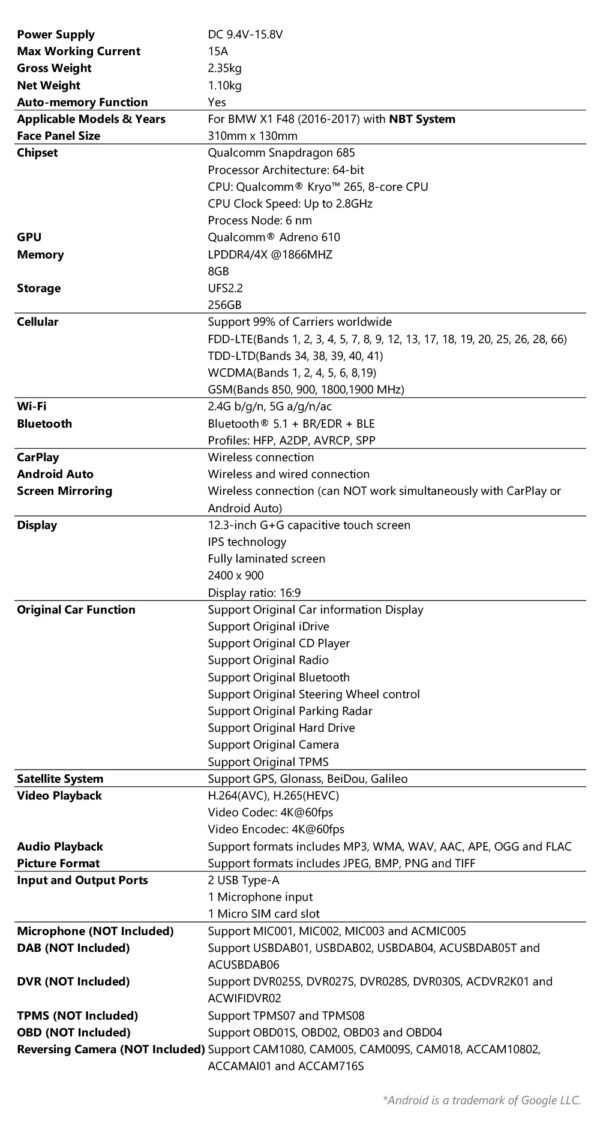 BMW | X1 F48 | Android OS & OEM System | Qualcomm 685 | Octa Core | 8GB RAM & 256GB ROM | QWBX24NB12X1N