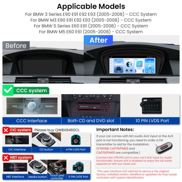 BMW | 3 Seires / 5 Seires / M3 / M5 | Android OS & OEM System | Qualcomm 685 | Octa Core | 8GB RAM & 256GB ROM | QWBX8460CC