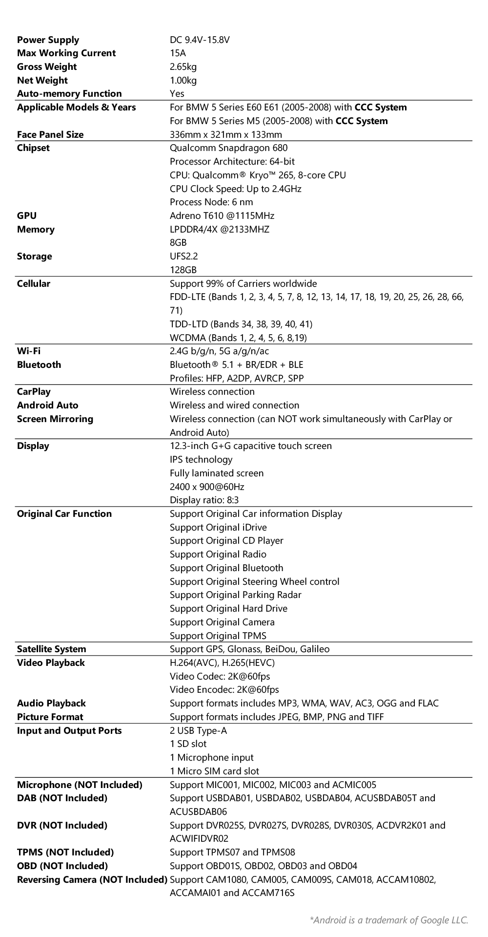 BMW | 5 series | Android OS & OEM System | Qualcomm 680 | Octa Core | 8GB RAM & 128GB ROM | 2K Screen | QGB24CCB12E60