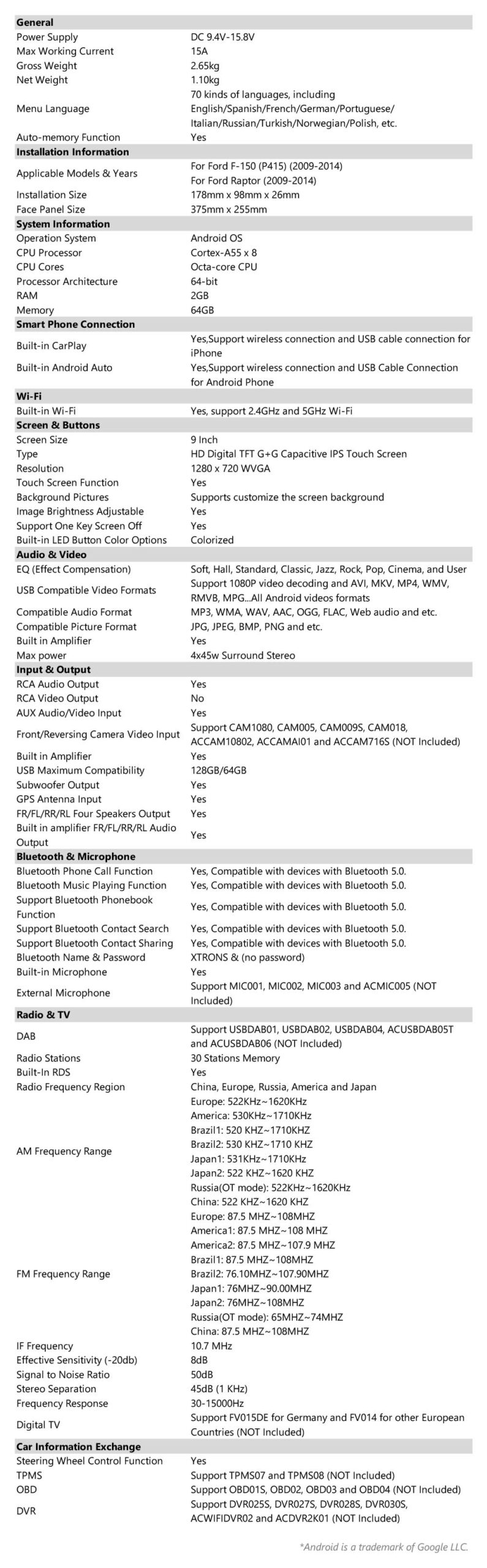 Ford | Android OS | Octa Core | 2GB RAM & 64GB ROM | 9" IPS Screen | IDSP90150FL