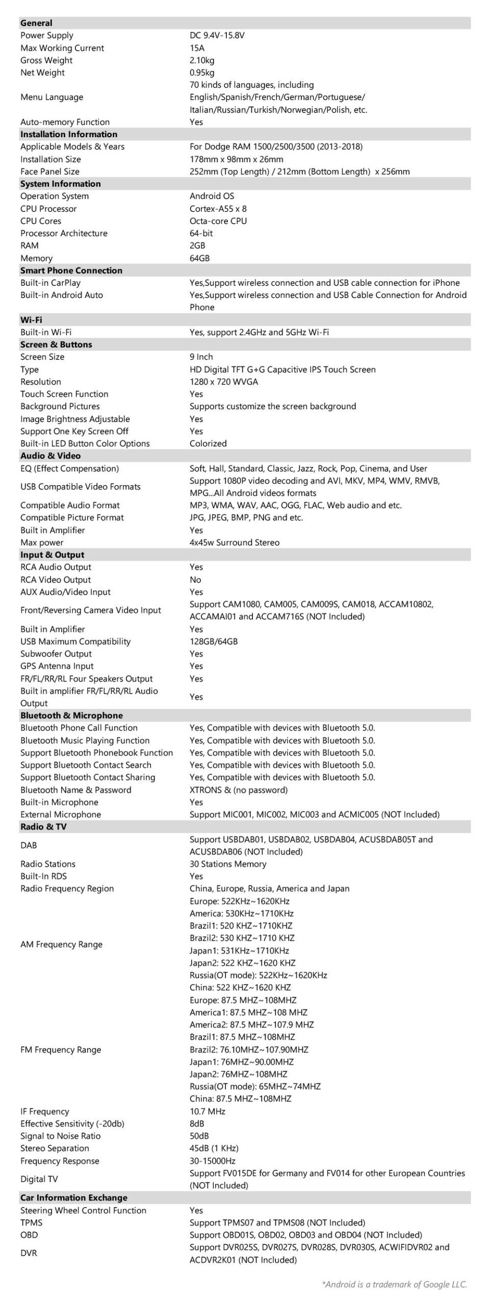 Dodge RAM | Android OS | Octa Core | 2GB RAM & 64GB ROM | 9" IPS Screen | IDSP90RMD