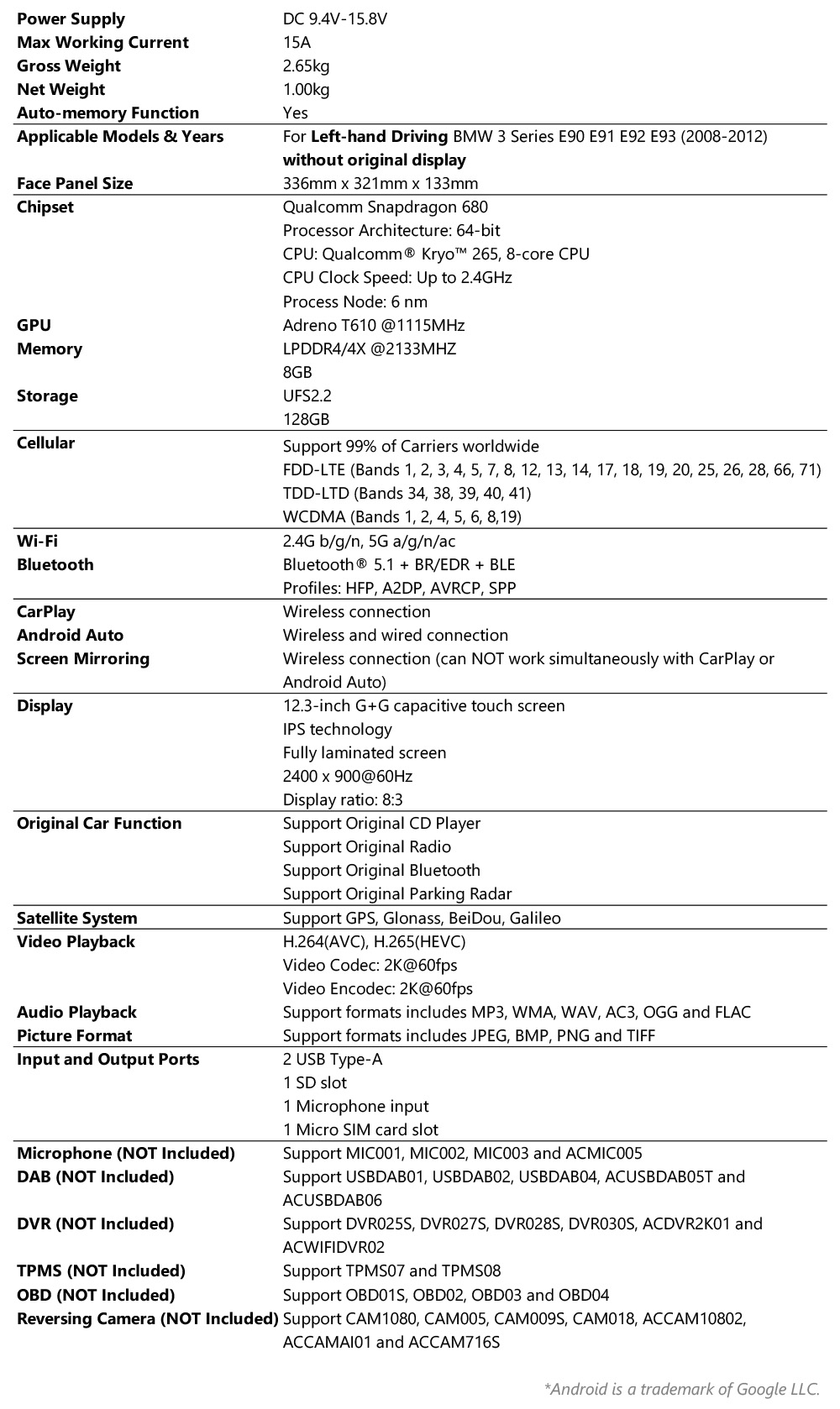 BMW | 3 series | 12.3-inch 2K Screen | Android OS | Qualcomm 680 | Octa Core | 8GB RAM & 128GB ROM | QGB24UMB12E90L