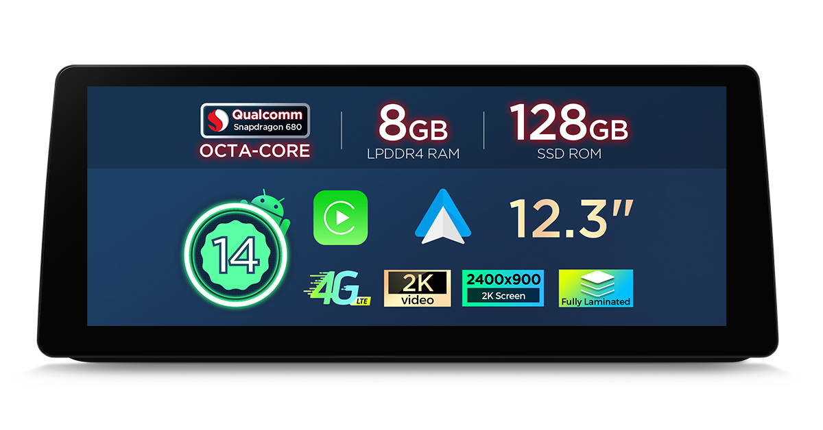 BMW | 3 series | 12.3-inch 2K Screen | Android OS | Qualcomm 680 | Octa Core | 8GB RAM & 128GB ROM | QGB24UMB12E90L