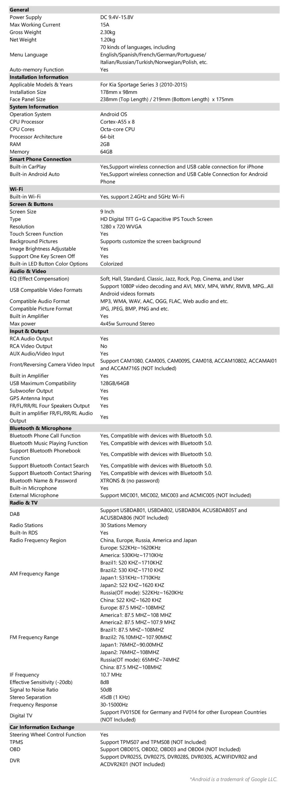 Kia Sportage | Android OS | Octa Core | 2GB RAM & 64GB ROM | 9" IPS Screen | IDSP90SPK