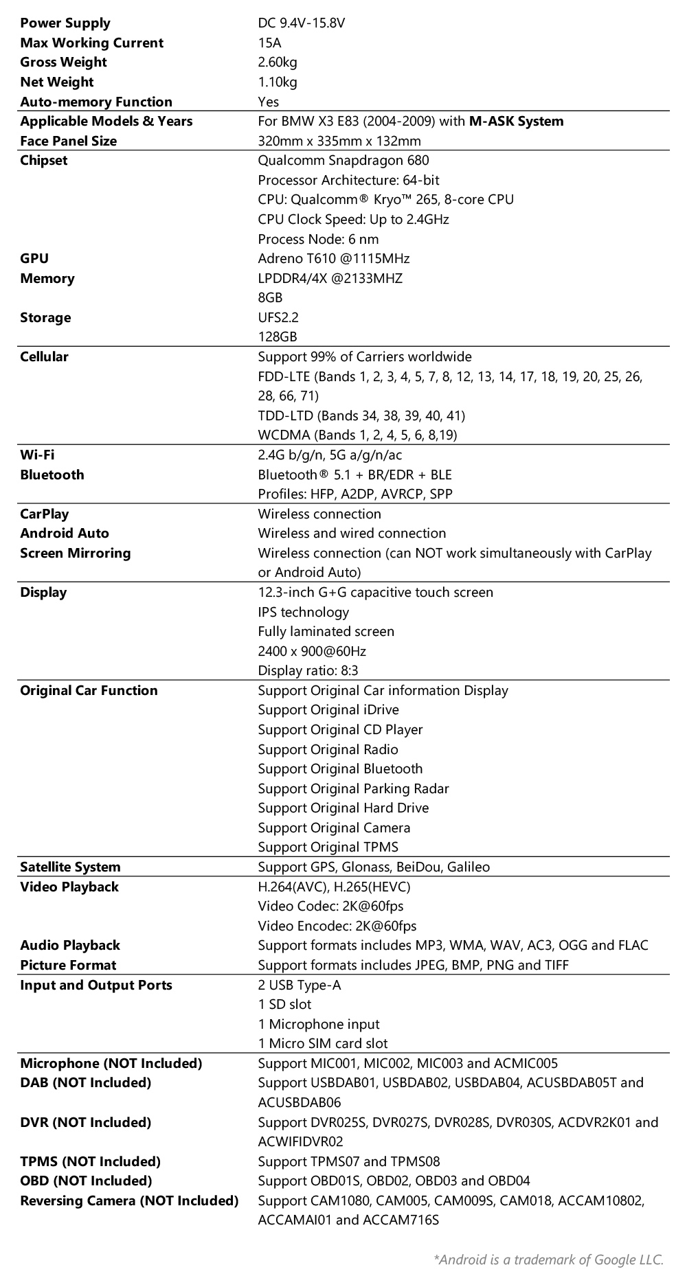 BMW | X3 E83 | 12.3" 2K Screen | Android OS & OEM System | Qualcomm 680 | Octa Core | 8GB RAM & 128GB ROM | QGB24X3MK