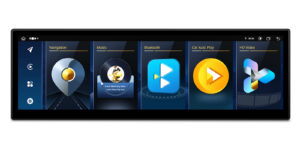 XTRONS Android car stereo main menu showing Navigation, Music, Bluetooth, Car Auto Play, and HD Video icons