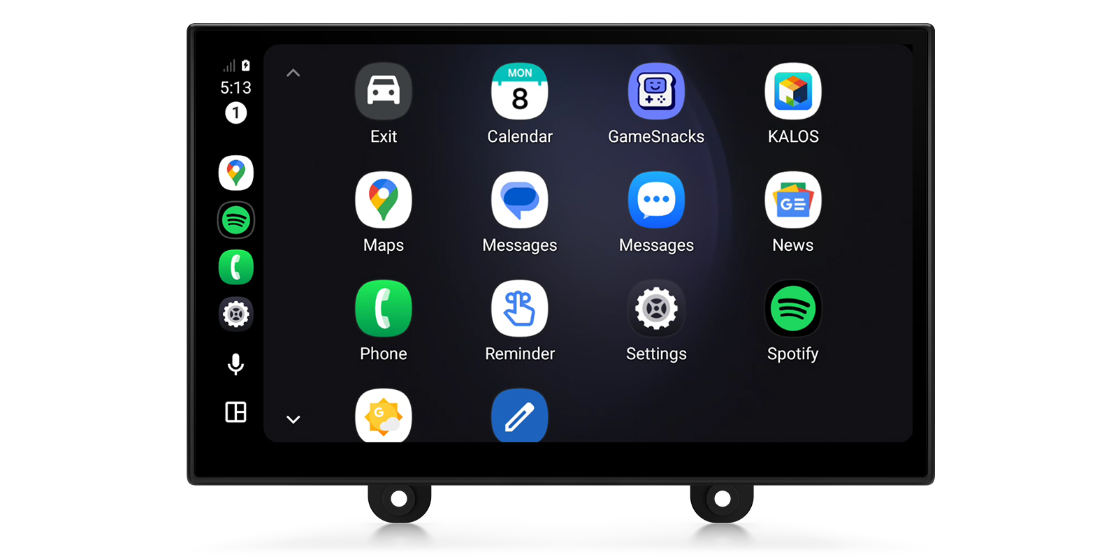 A car infotainment screen showing an Android Auto interface with a dark app drawer, featuring icons for Maps, Messages, Phone, Spotify, and other applications.