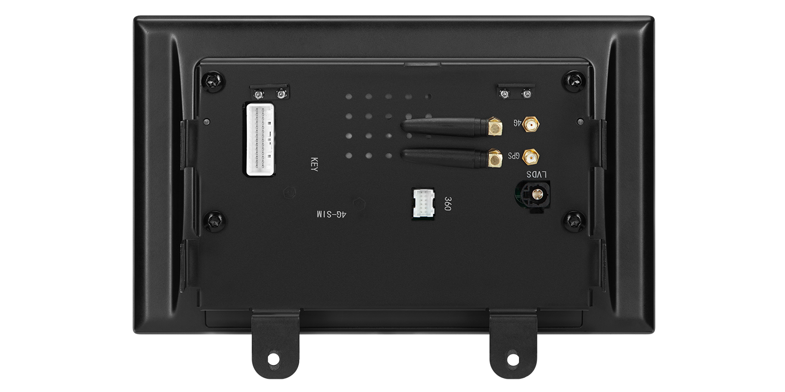 A view of the back panel of the car multimedia unit, showing various ports and connection points including 4G and GPS antenna inputs, an LVDS port, a 4G-SIM slot, and other wiring harness connectors.