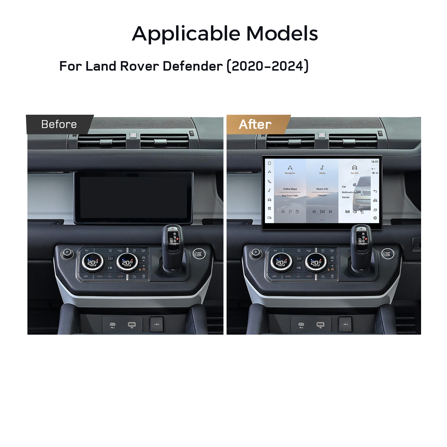 A split-screen comparison showing the dashboard of a Land Rover Defender (2020-2024). The left side shows the "Before" state with the factory screen turned off, and the right side shows the "After" state featuring the newly installed, larger XTRONS multimedia display in operation.