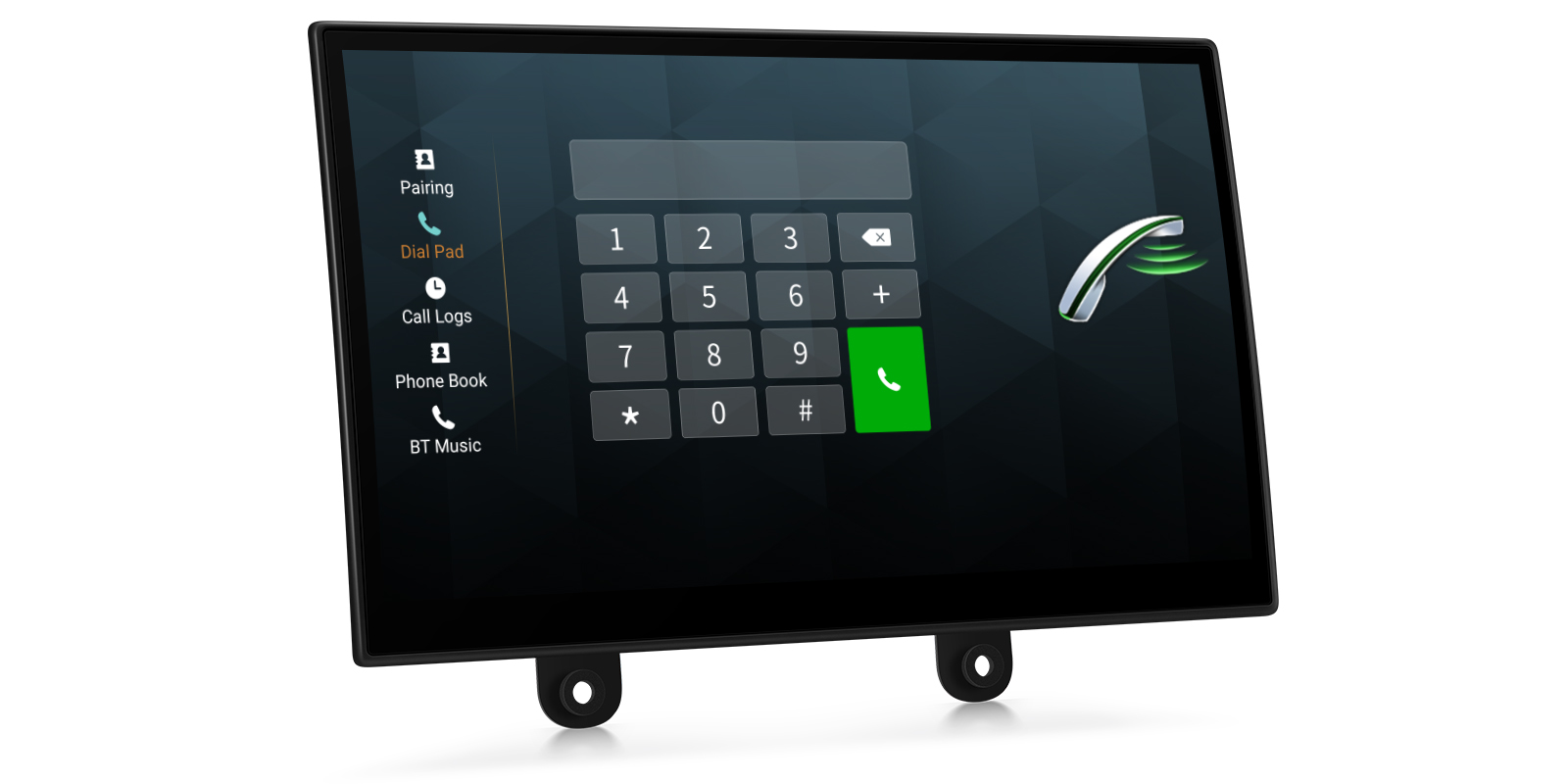 A car multimedia system displaying a Bluetooth phone dial pad interface on a dark geometric background, with options for Pairing, Call Logs, Phone Book, and BT Music on the left.