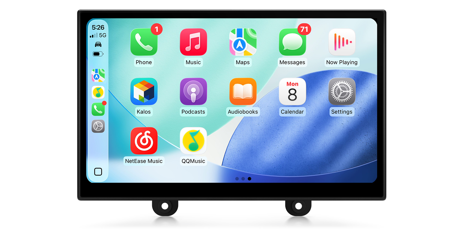 A car infotainment screen showing a car play interface with icons for Phone, Music, Maps, Messages, NetEase Music, and QQMusic.