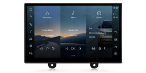 A car multimedia system interface in a dark theme, displaying vertical panels for Navigation, Media, and Car Info, alongside a 3D graphic of an SUV.