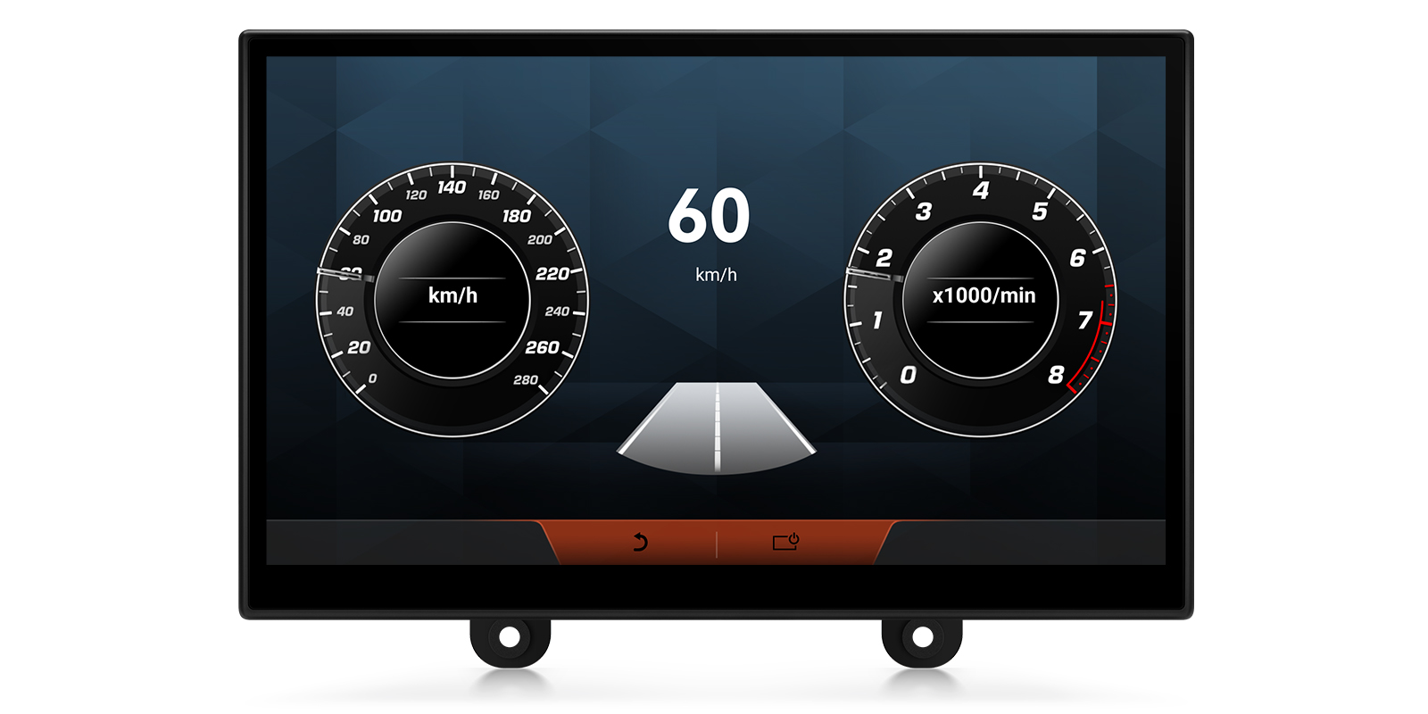 A digital car dashboard display showing a speedometer reading 60 km/h, a tachometer, and a virtual road graphic in the center.