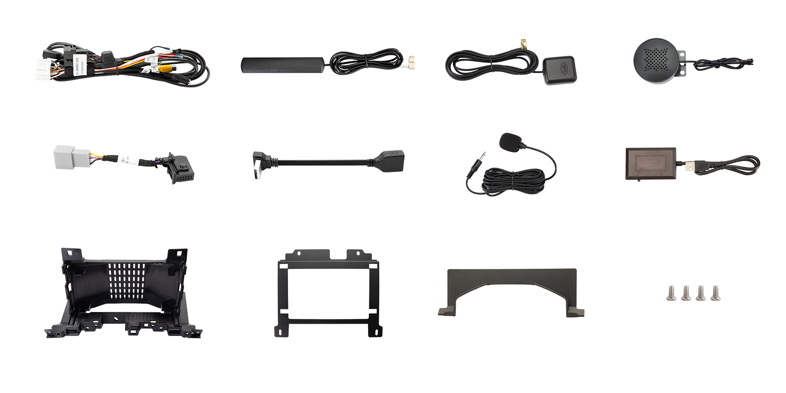 A grid layout displaying all the included accessories and wiring harnesses, such as power cables, a GPS antenna, a microphone, mounting brackets, a USB adapter, and screws.