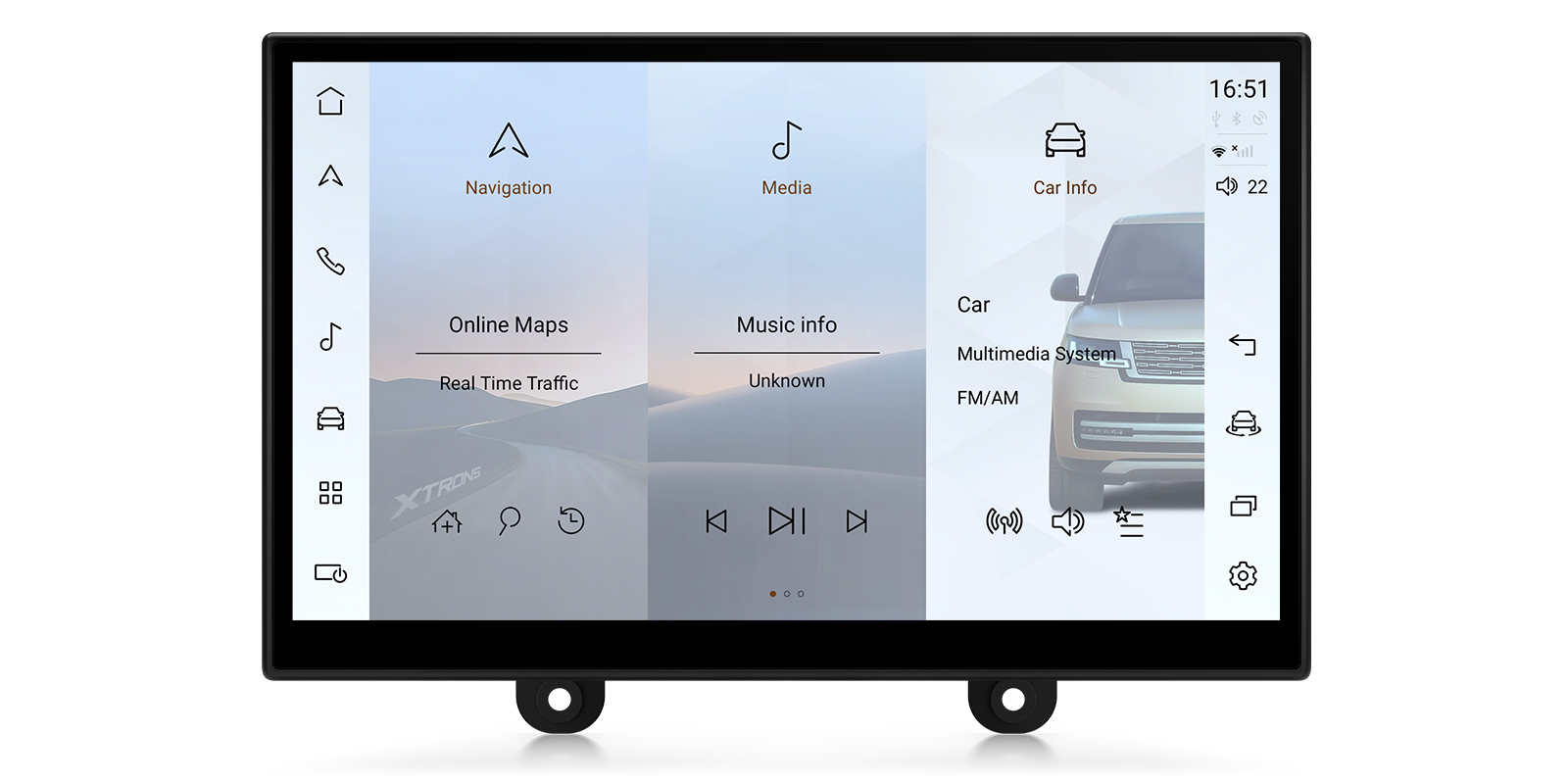 A car multimedia system interface in a light theme, featuring split-screen panels for Navigation, Media, and Car Info next to a 3D render of an SUV.