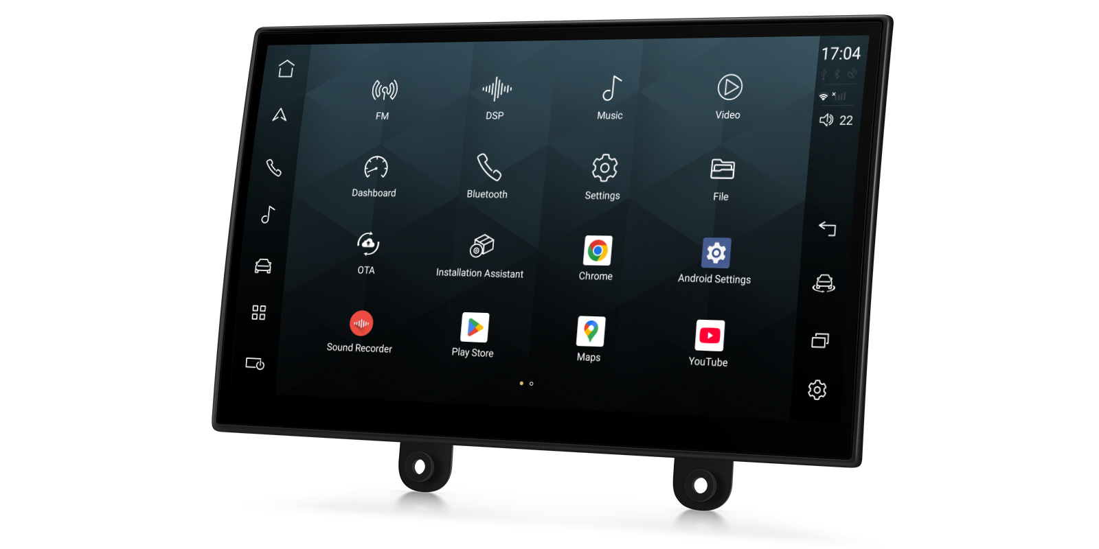 A car infotainment screen displaying a grid of system and application icons, including FM, DSP, Music, Video, Dashboard, Bluetooth, Settings, File, OTA, Play Store, Maps, and YouTube, set against a dark geometric background.