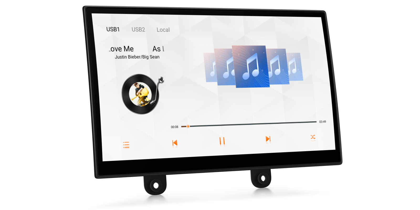 A car multimedia screen showing a music player interface in a light theme, displaying a track by Justin Bieber/Big Sean, with a spinning record graphic and a stylized album art carousel.