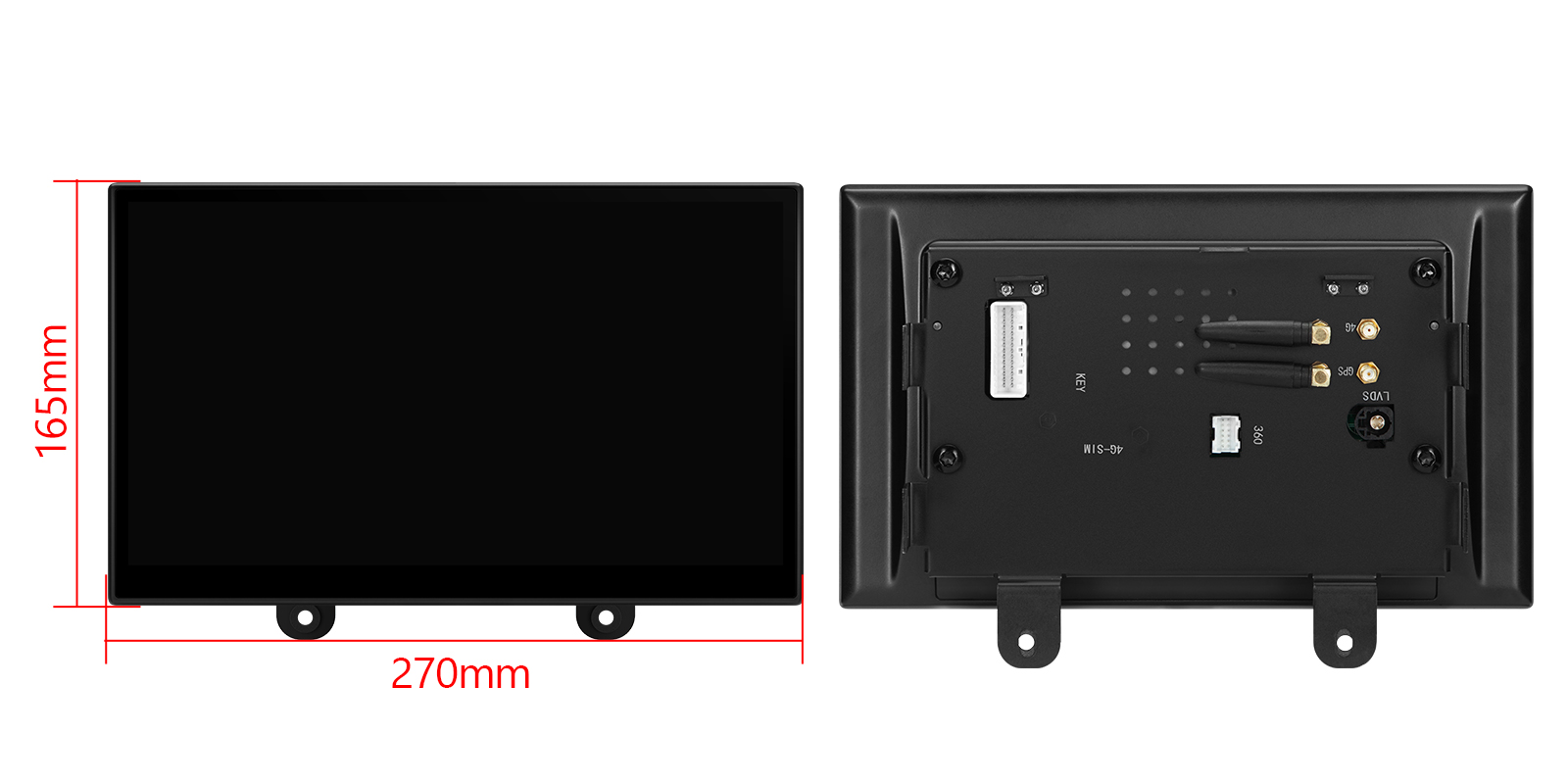 A dimensional diagram showing the front and back of the head unit, with red text indicating a width of 270 millimeters and a height of 165 millimeters.