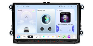 A car head unit with physical buttons along the bottom bezel, displaying a light-themed interface with three main panels: a digital speedometer, a CarAutoPlay shortcut, and a music player showing album art.