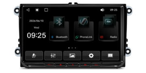 Car radio main screen showing FM radio, Bluetooth, PhoneLink, and volume controls with RES button
