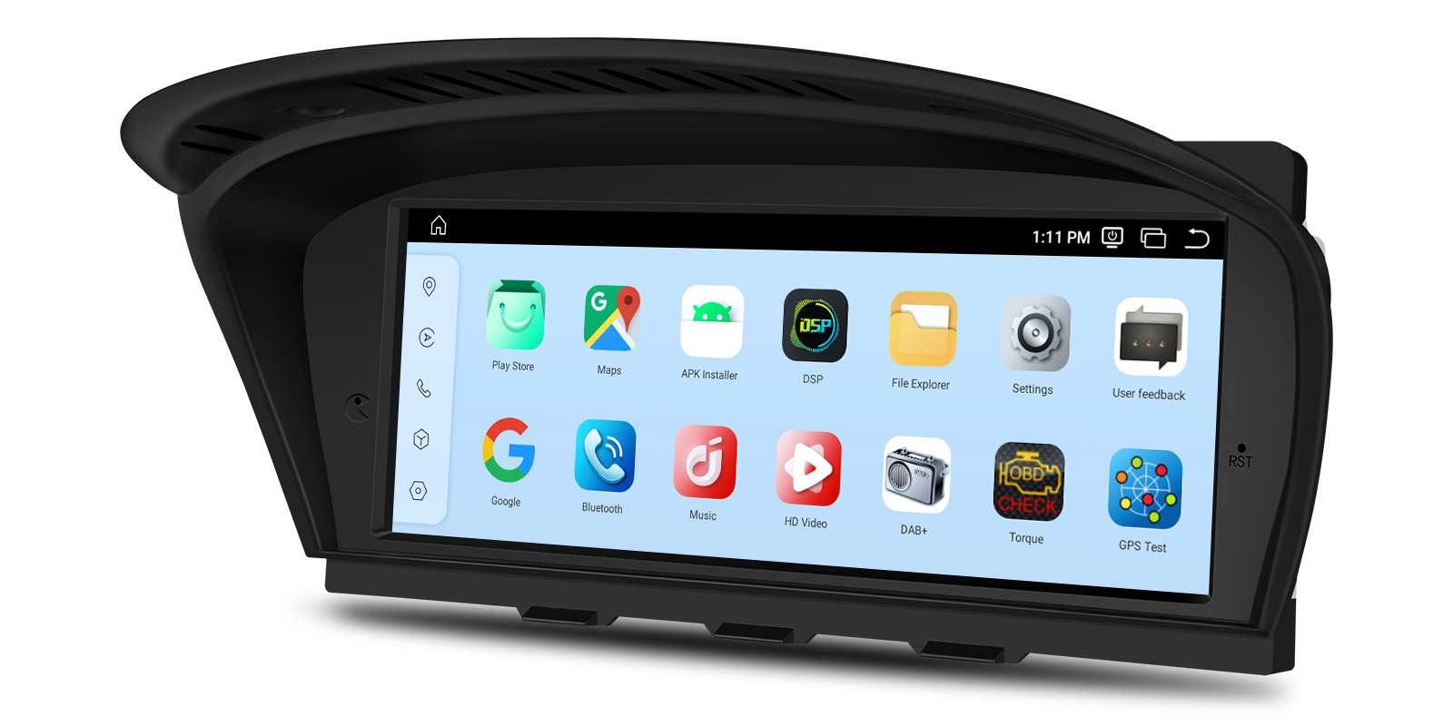 App list including Play Store, Maps, APK Installer, DSP, File Explorer, Settings, User feedback, Google, Bluetooth, Music, HD Video, DAB+, Torque, GPS Test, and RST