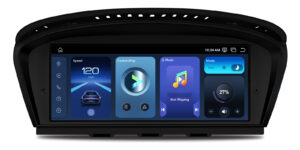 Dark mode: car infotainment screen showing speed 120 mph, auto mode, 27% volume, RST button, music not playing