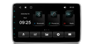 Linux car stereo home screen showing FM radio, Bluetooth, PhoneLink, and Radio options with wallpaper style 1