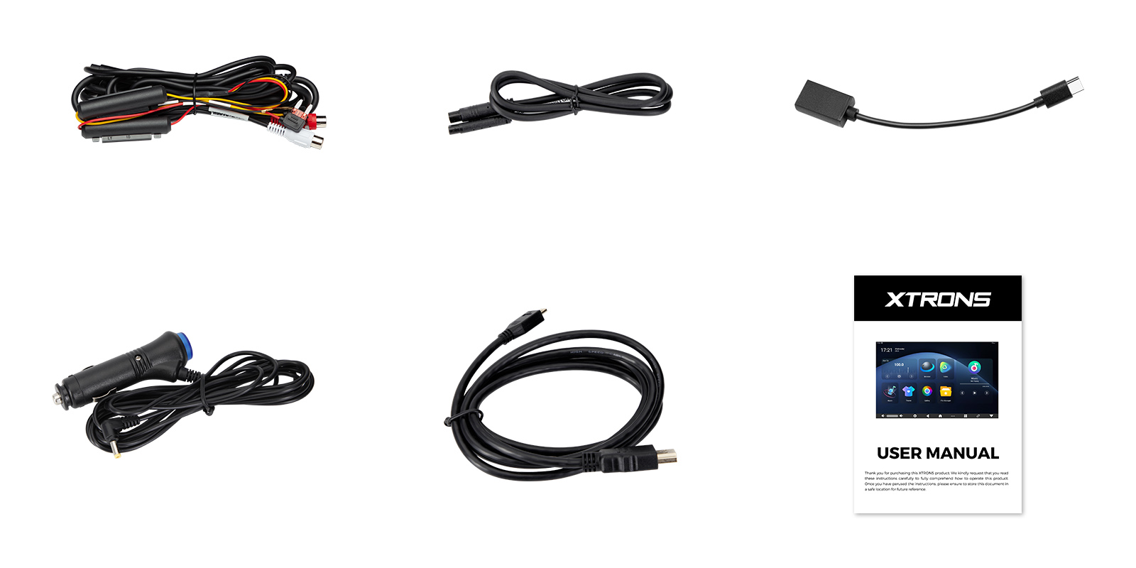 All accessories included with the rear-seat entertainment system, showing cables, mounts, and installation components