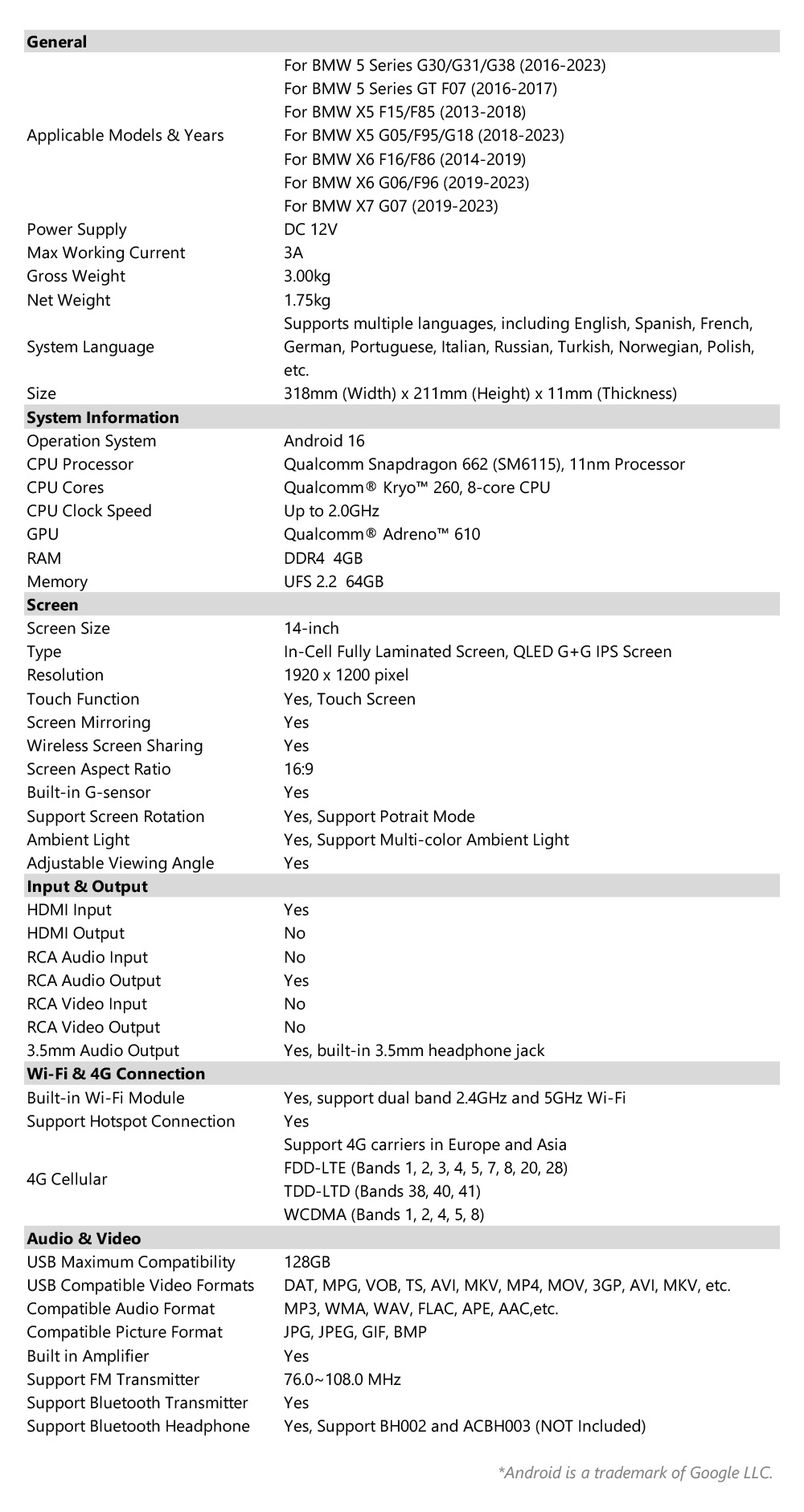 Product specification sheet for 14-inch rear-seat entertainment system, detailing BMW compatibility, Android 16, Qualcomm Snapdragon 662, 1920x1200 display, Wi-Fi, 4G, and rotatable screen features