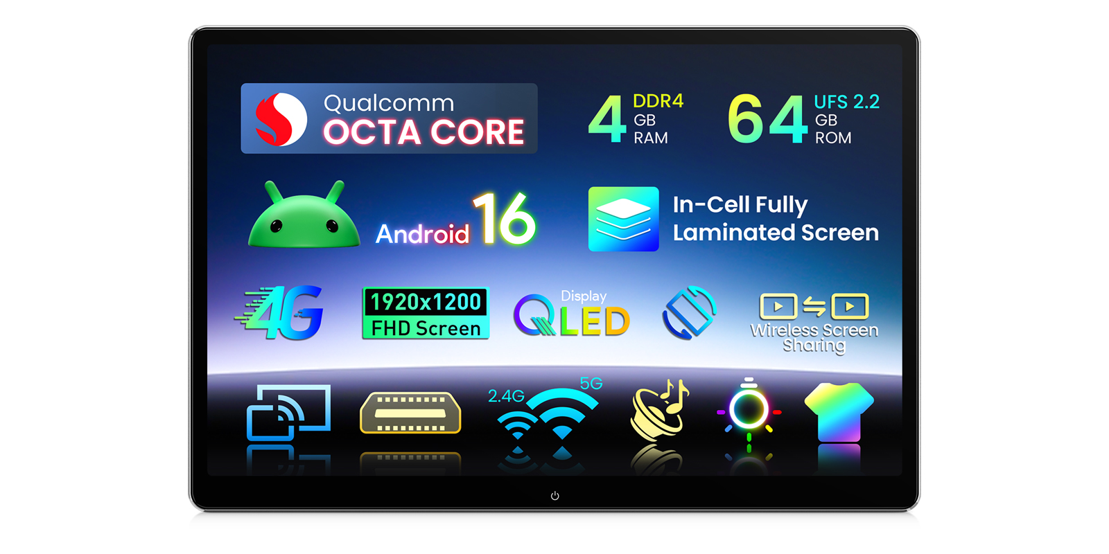 System specification screen showing Qualcomm Octa Core processor, 4GB DDR4 RAM, 64GB UFS2.2 ROM, Android 16, 1920x1200 FHD display, 4G and 5G support