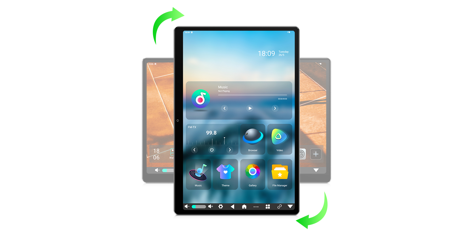 Music player screen with FM transmitter at 99.8 MHz, music controls, theme, gallery, and file manager on rear-seat display