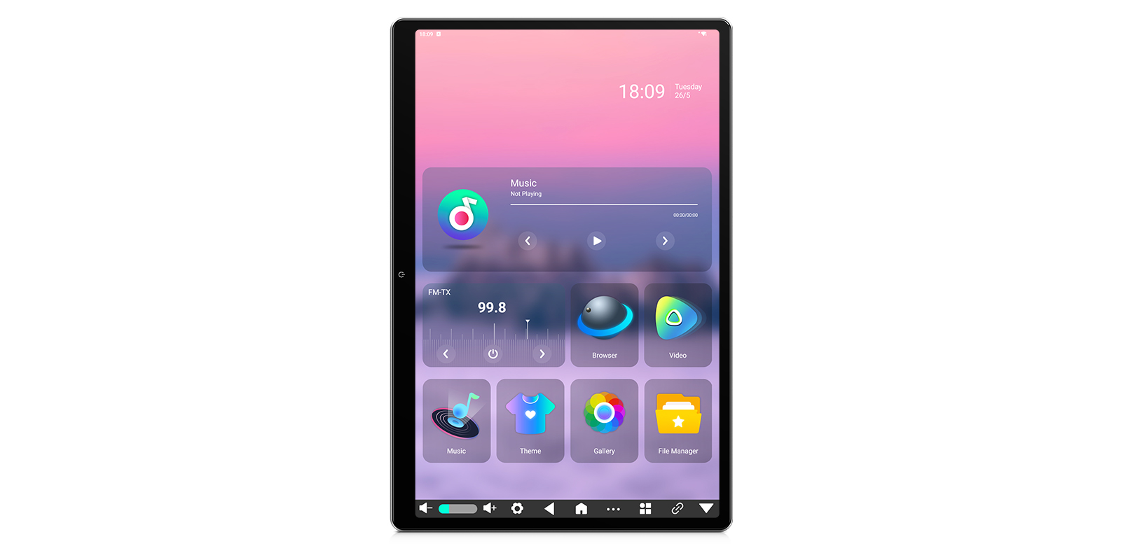 Music screen showing FM transmitter at 99.8 MHz with music not playing, theme, gallery, and file manager