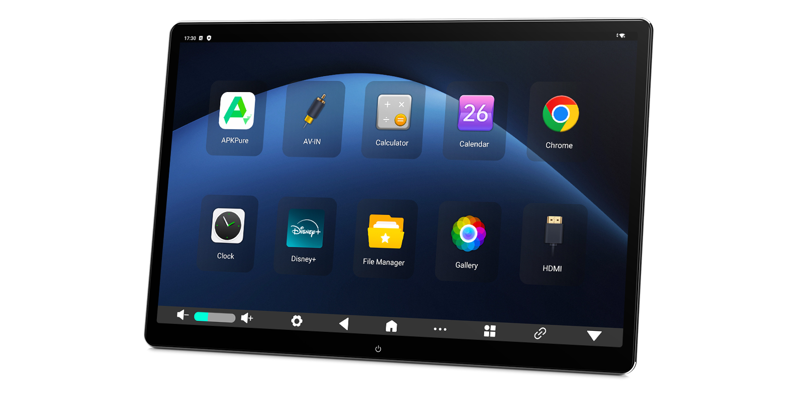 Grid of apps on rear-seat system including APKPure, AVIN, Calculator, Calendar, Chrome, Clock, Disney+, File Manager, Gallery, and HDMI
